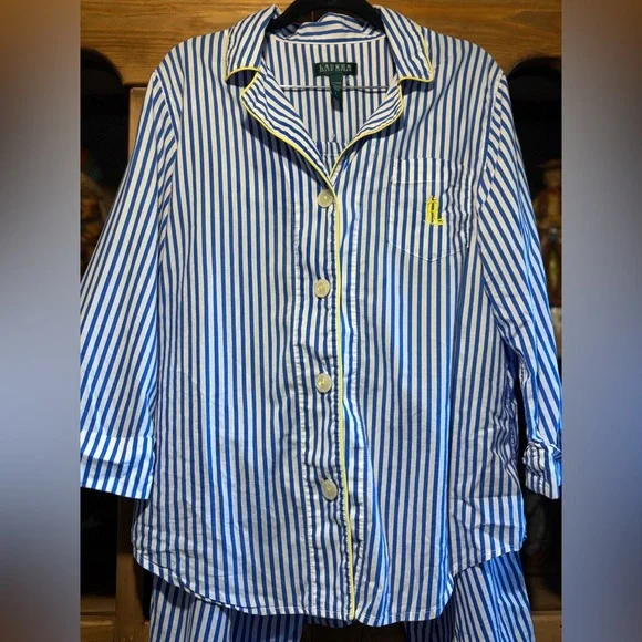 Lauren Ralph Lauren Blue and White Striped with Yellow Trim Pajamas Size Large - Picture 6 of 11